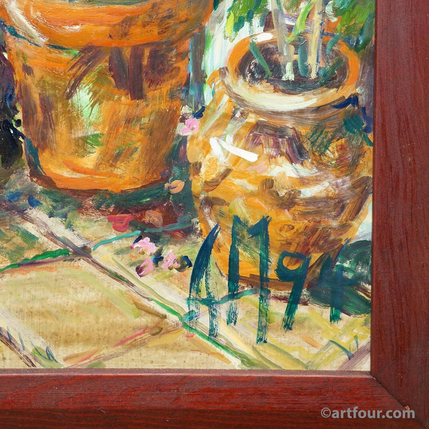 Vintage impressionist oil painting of a garden, Alexander Michael 1994.