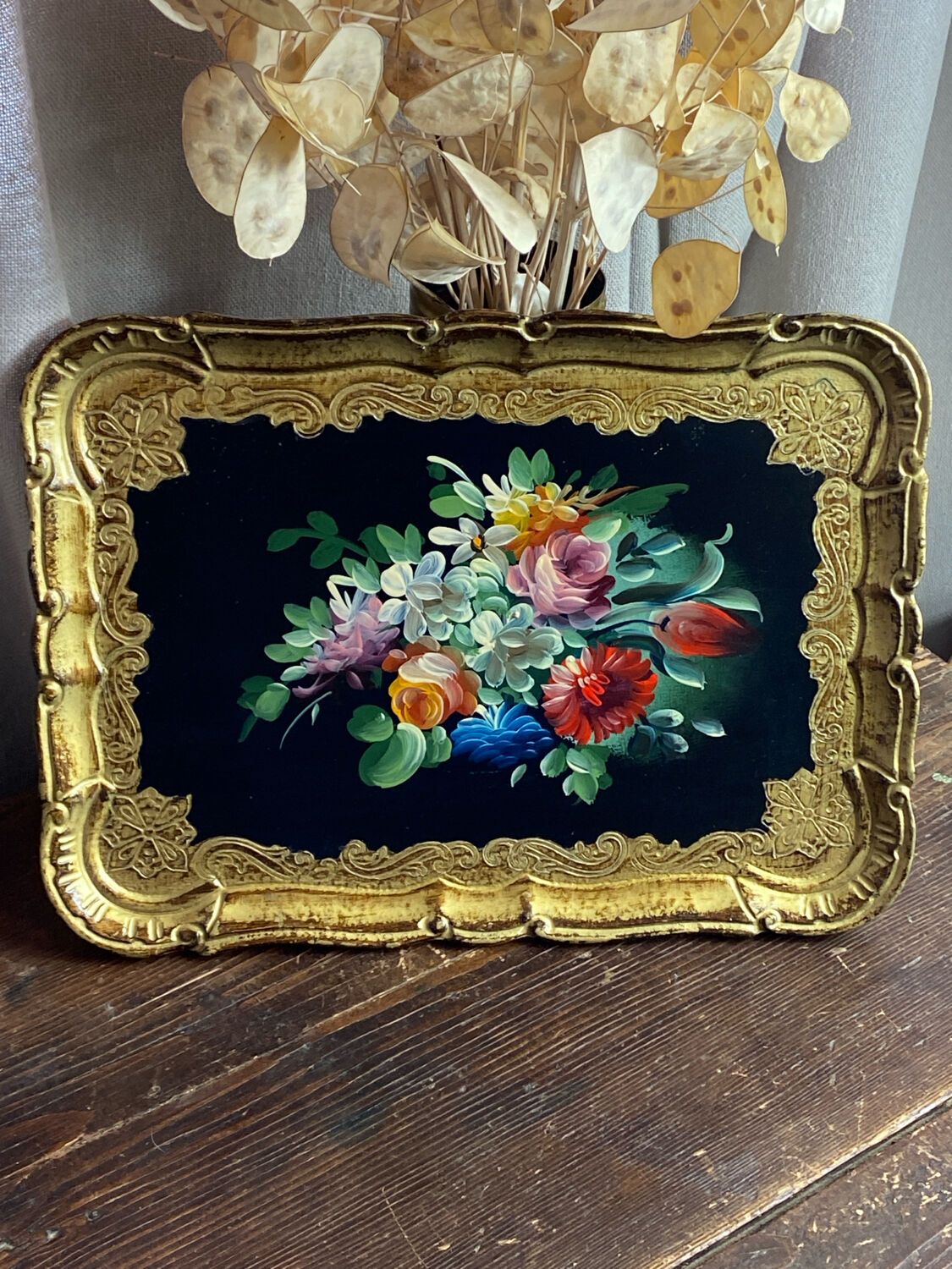 Wooden platter, hand-painted decoration