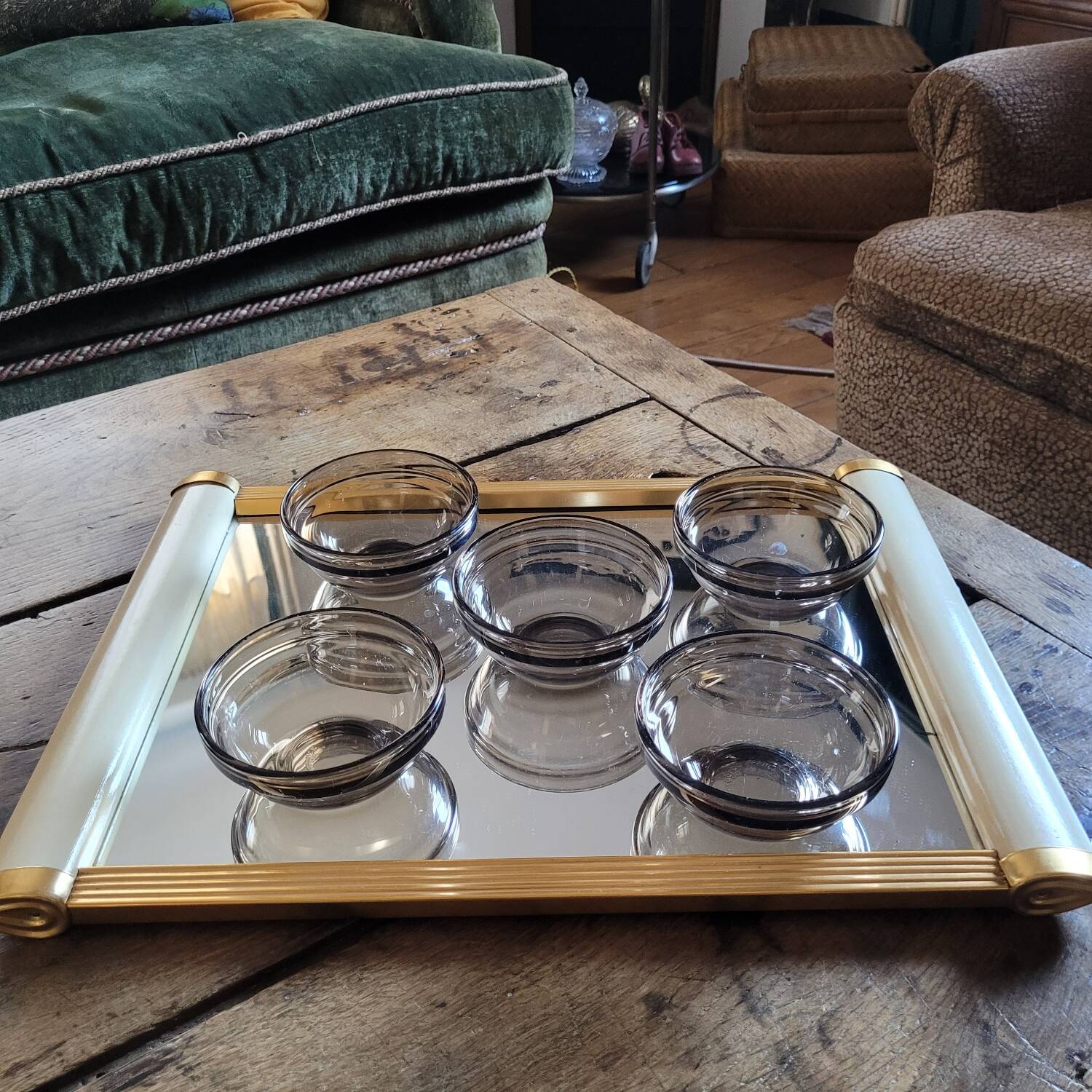 5 Arcoroc smoked bowls, stackable tempered glass, 1970s