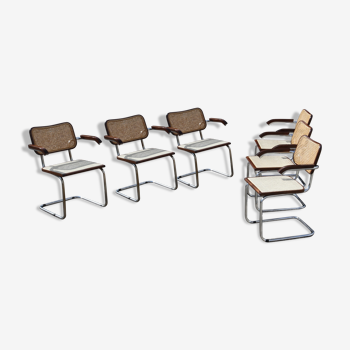 Marcel Breuer's 4-chair series B 64 dated 2005 made in Italy in chrome and rattan steel