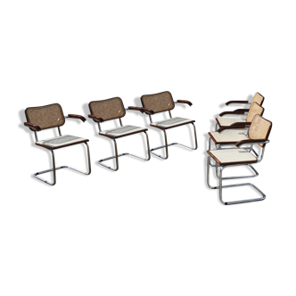 Marcel Breuer's 4-chair series B 64 dated 2005 made in Italy in chrome and rattan steel