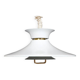 Mid Century Scandinavian design white & brass multi layered saucer hanging lamp / pendant