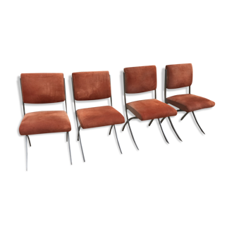 Suite of 4 vintage orange chairs 1970 steel and suede