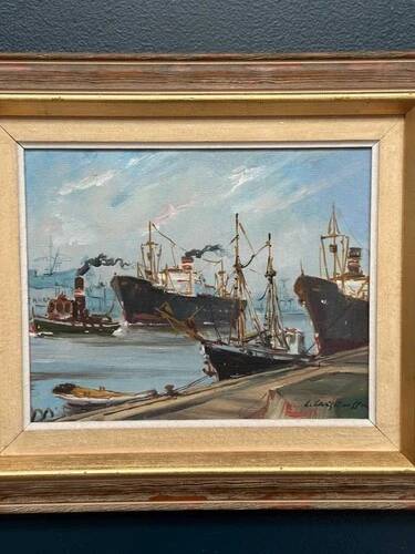 Oil on Canvas “Ships” by Josef Lang, Signed, Vintage & Framed 40×34cm