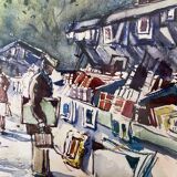 Painting "Bouquiniste - Quais de Seine" Paris Watercolor circa 1950 signed + frame
