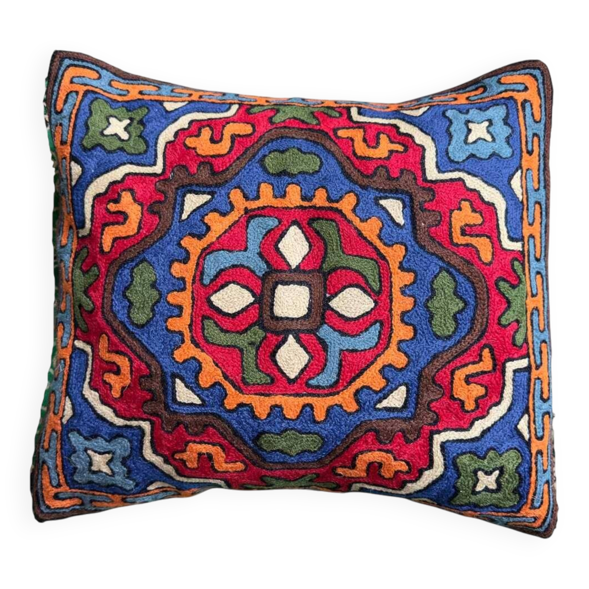 Hand-embroidered wool cushion cover, tribal geometric pattern 40 x 40.