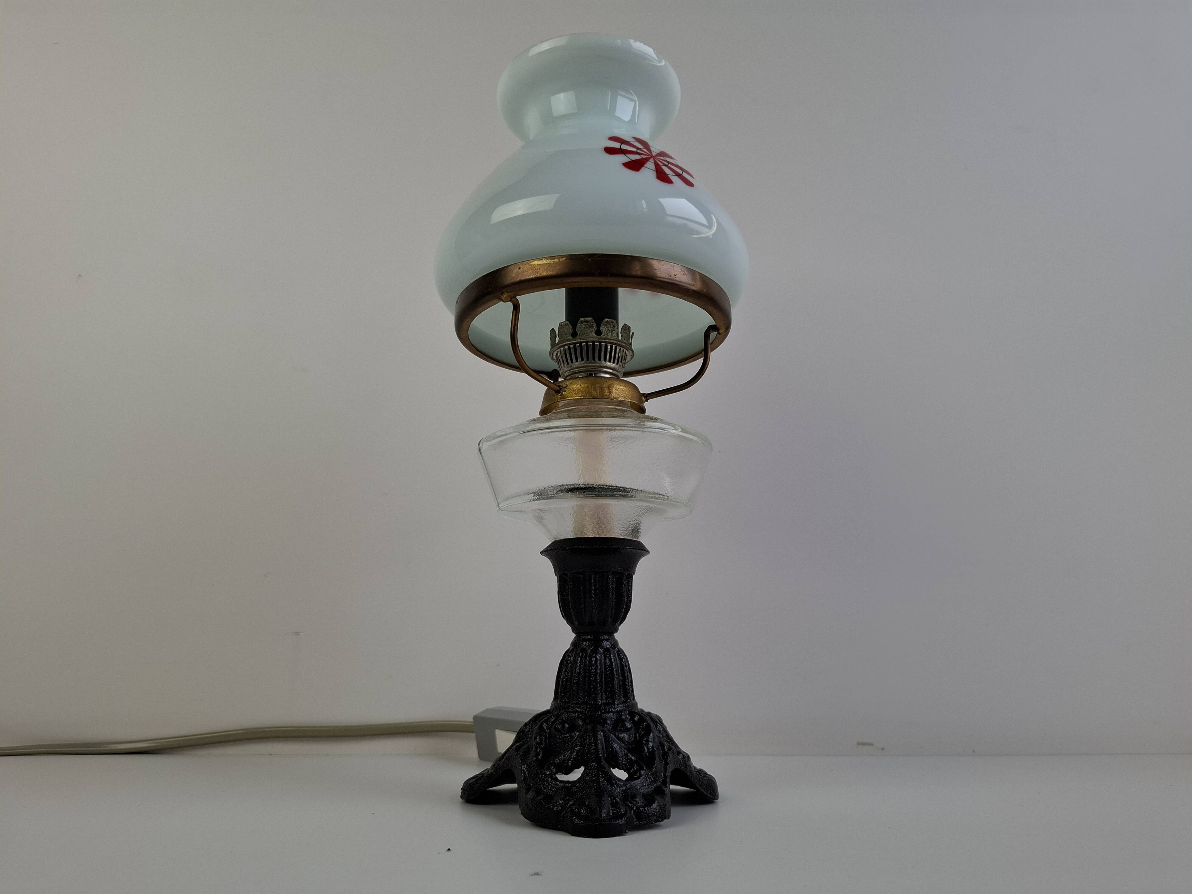 1960s Czechoslovakian milk glass oil lamp style table lamp with red windmill