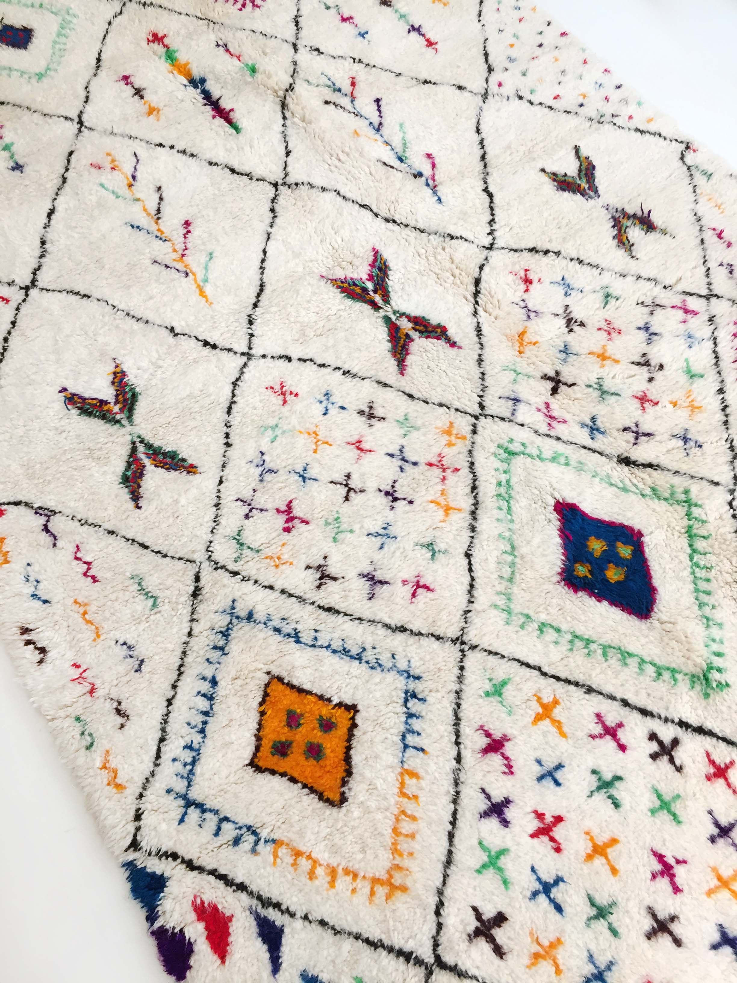 Moroccan Berber carpet azilal ecru with diamonds and colorful patterns 300x188cm