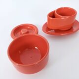 Set of Six Postmodern Vermilion Cups, Sugar Bowl and Plate by Parravicini