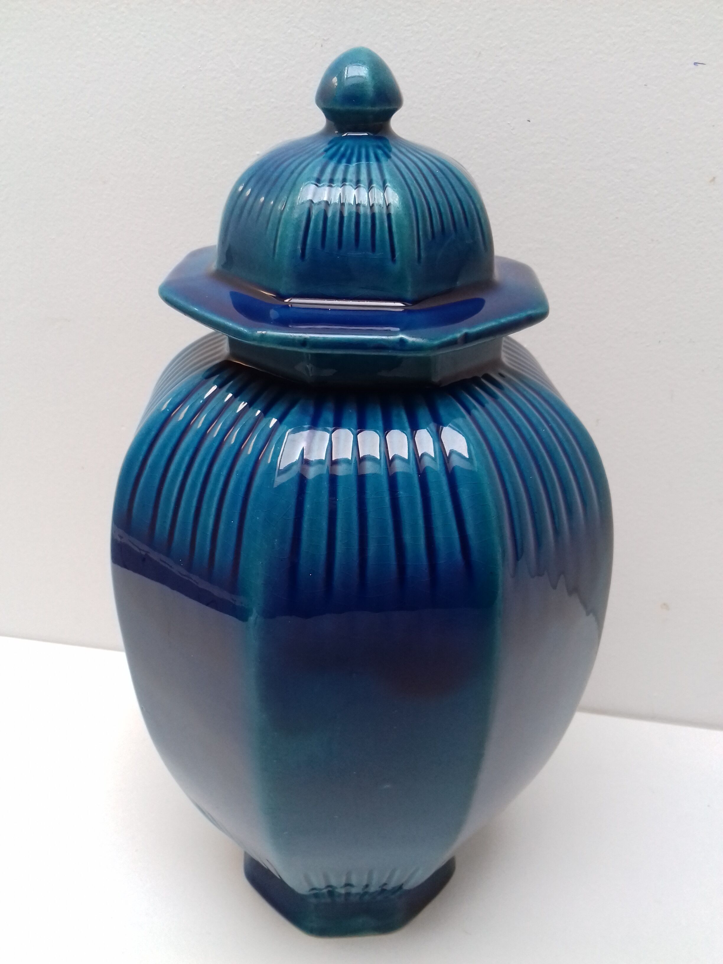 Vase art déco bleu St Clément avec couvercle