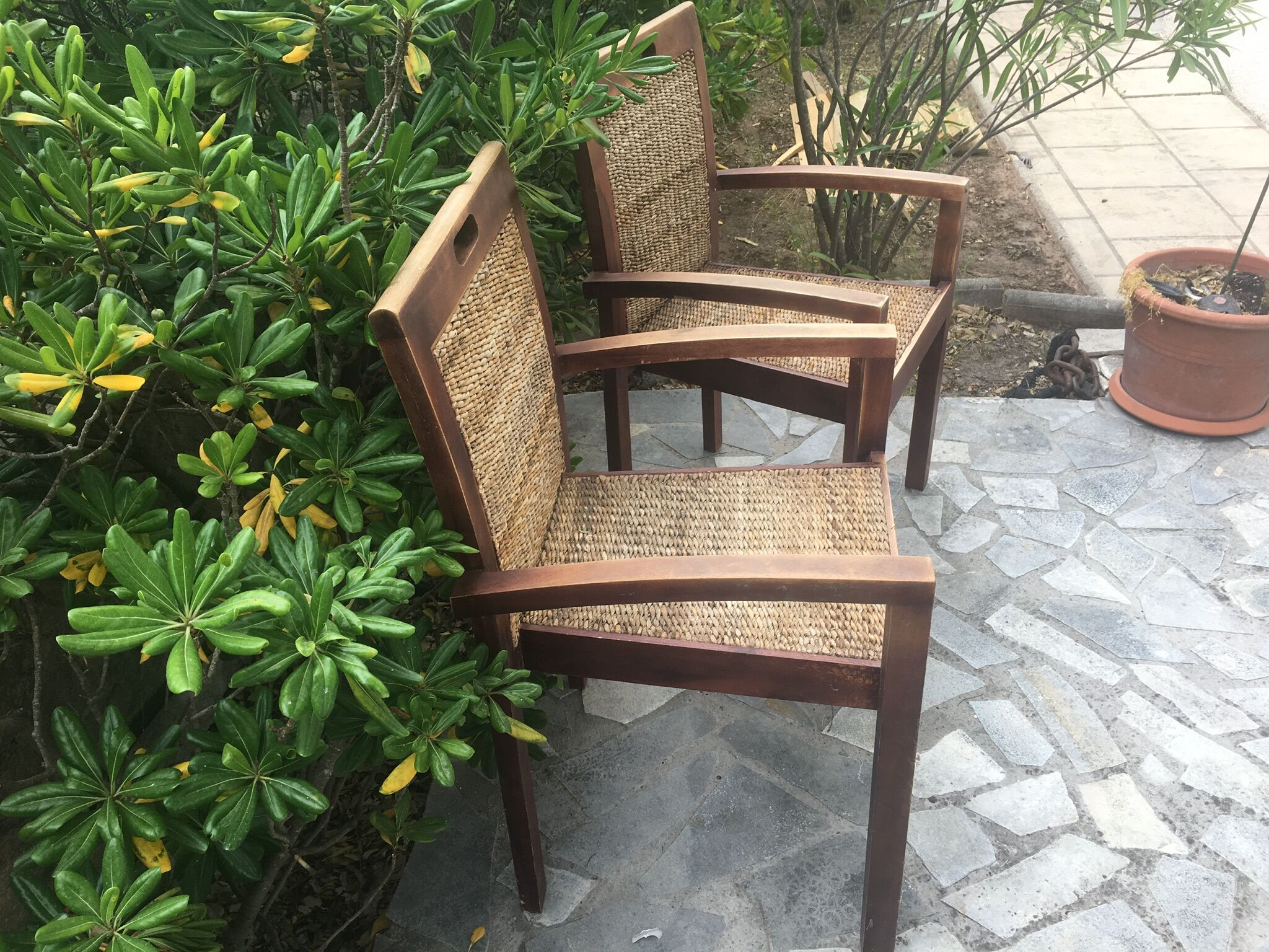 Pair of teak armchairs and braided wicker