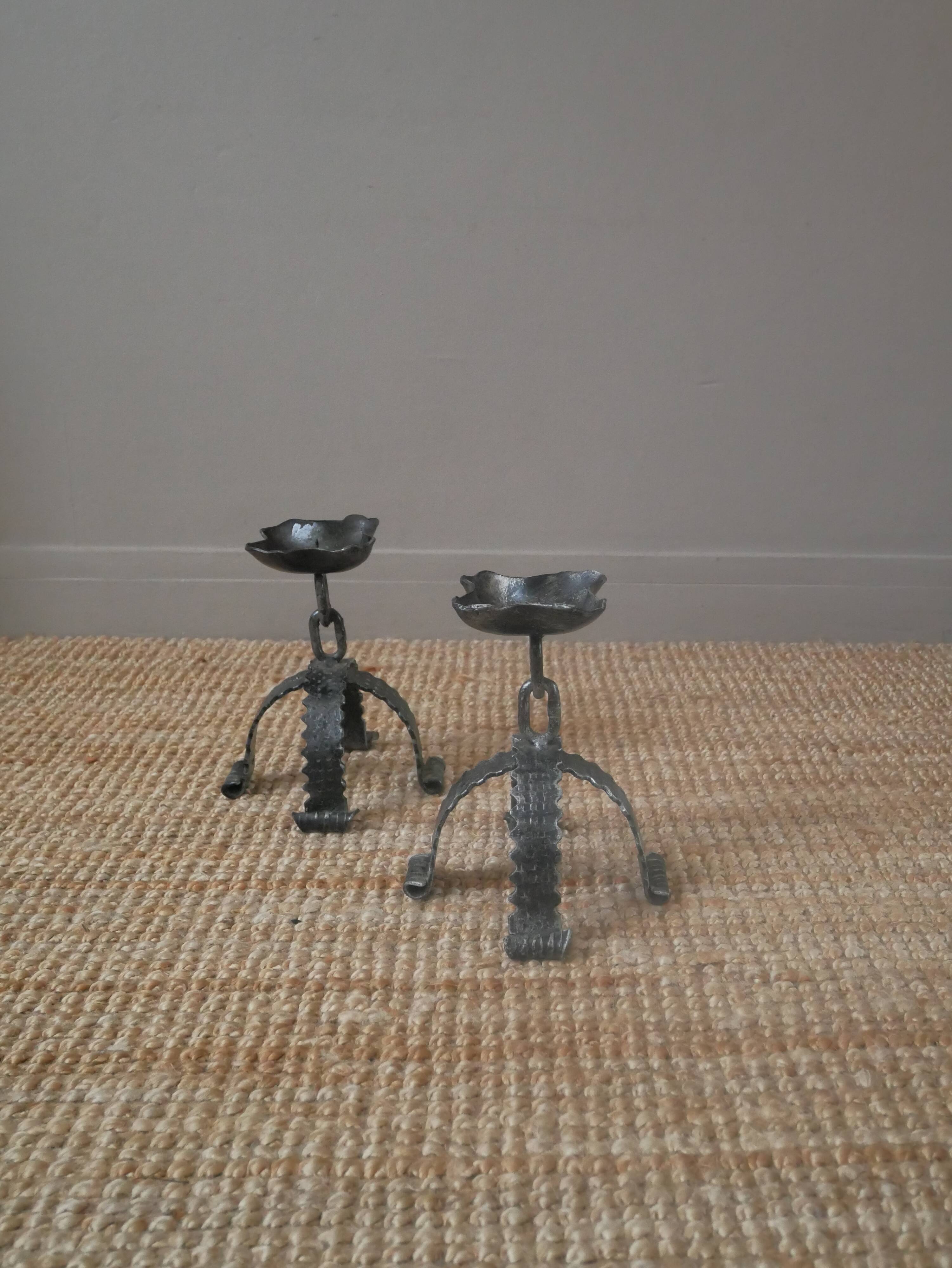 Pair of wrought iron candlesticks candelabra candlesticks handcrafted brutalist folk art