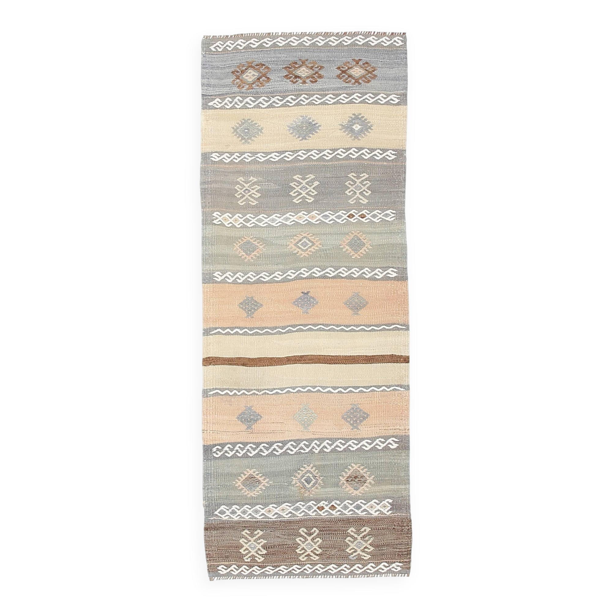 Tapis Kilim vert et crème 2x6, 63x180 cm