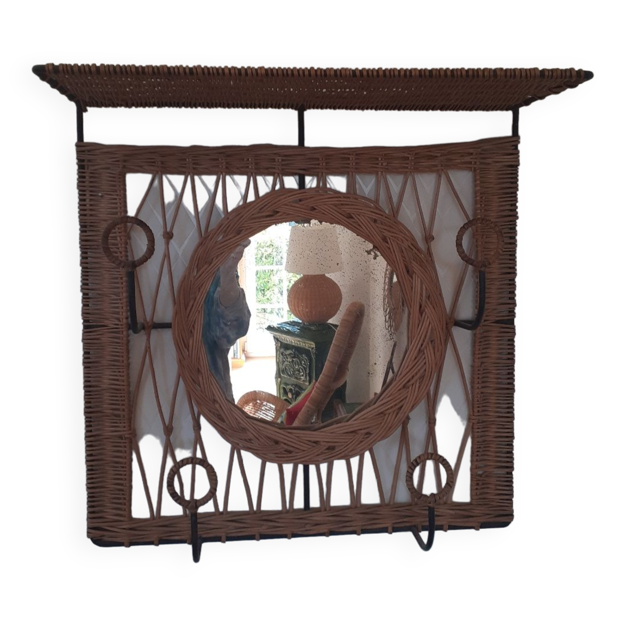 Rattan wall-mounted coat rack with mirror