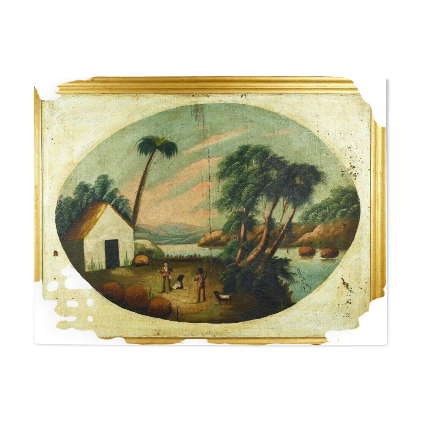 Peinture à l'huile ancienne Paysage avec bord de rivière animé, Italie 19ème siècle.