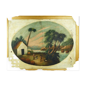 Peinture à l'huile ancienne Paysage avec bord de rivière animé, Italie 19ème siècle.