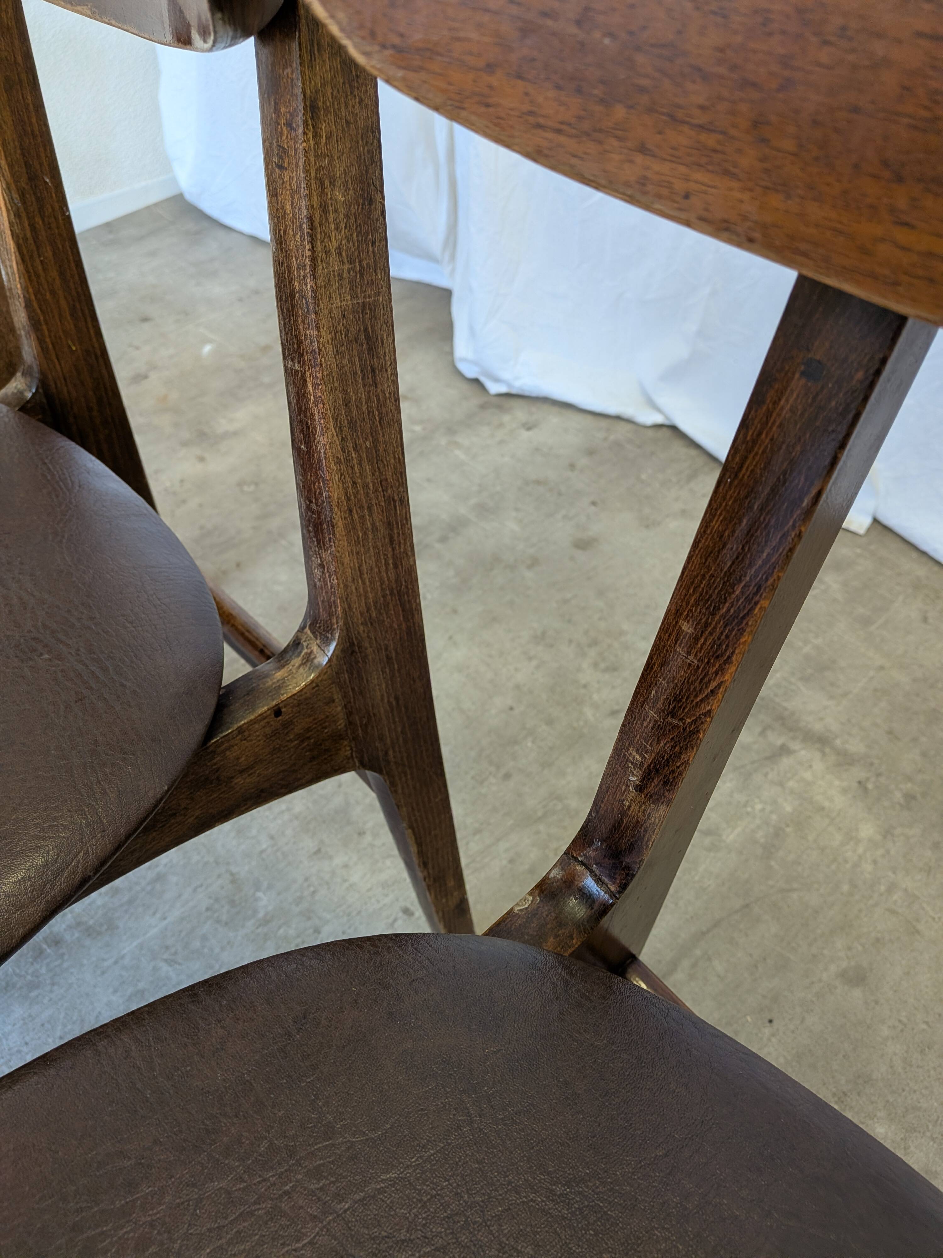 Set of 3 Vintage Wooden Dining Chairs with Brown Leather Seats / Mid-Centur