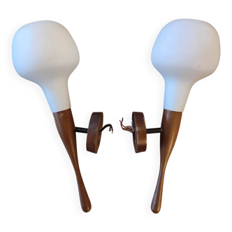 Pair of Rispal wall lights in teak and opaline from the 50s