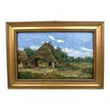 Petite huile sur toile vintage "La ferme et sa basse-cour "