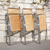 Set of 3 folding chairs in rattan and chromed metal, vintage chair, design, 60's