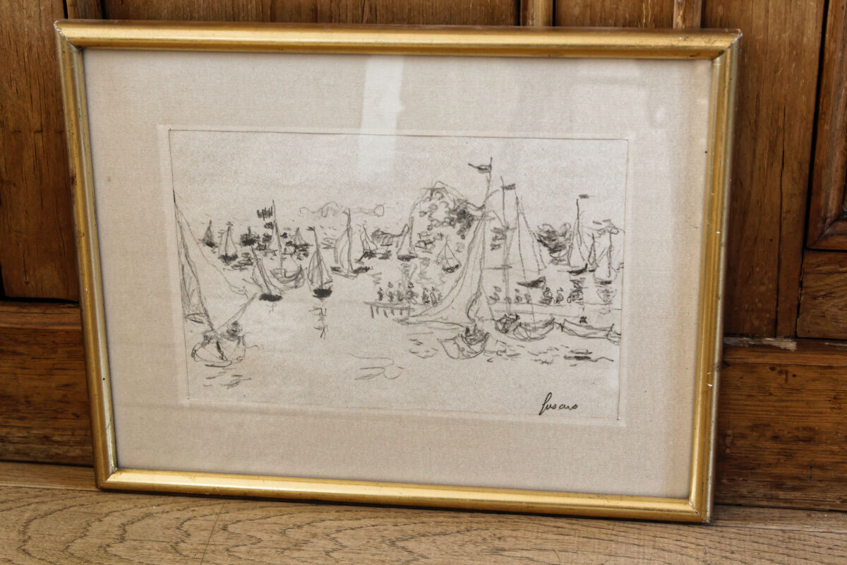Dessin à la mine de plomb, port, signé Jean Fusaro