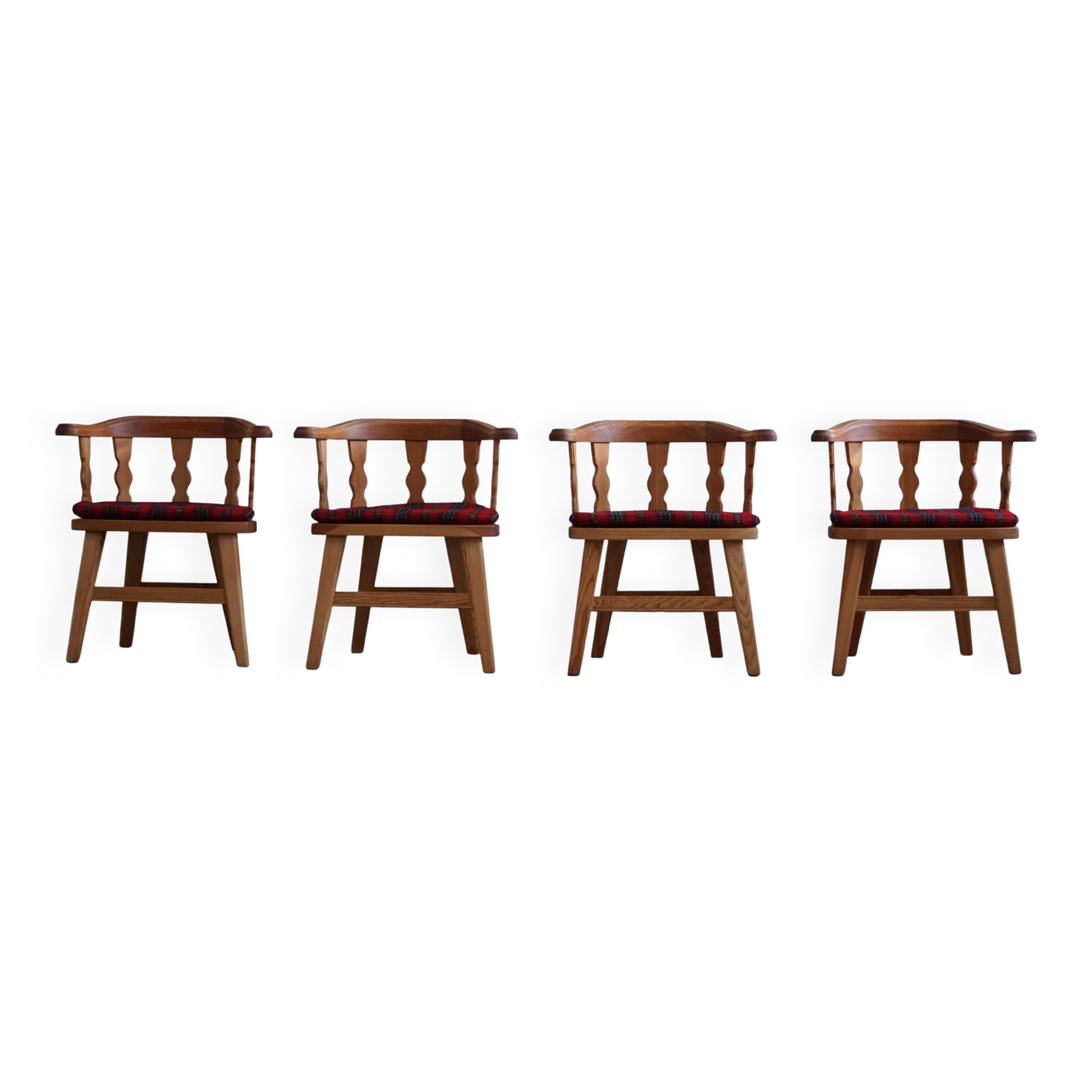 Set of 4 modern Norwegian armchairs by Krogenæs, solid pine, 1950s.