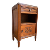 Art deco bedside table, door carved with flowers, brown marble top, drawer, cupboard, niche