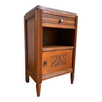 Art deco bedside table, door carved with flowers, brown marble top, drawer, cupboard, niche