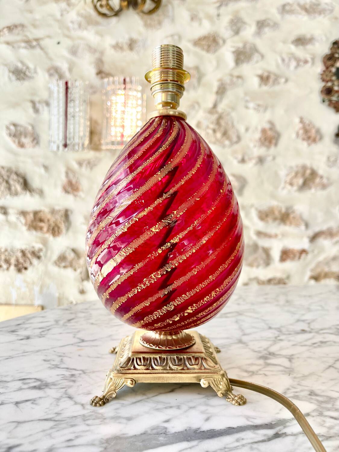 Murano glass table lamp in Ruby color, Rigadin, Italy 1950