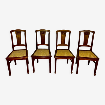 4 chaises époque art nouveau 1900, noyer, cannage refait