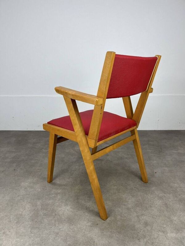 Fauteuil bridge années 50, bois et simili cuir rouge