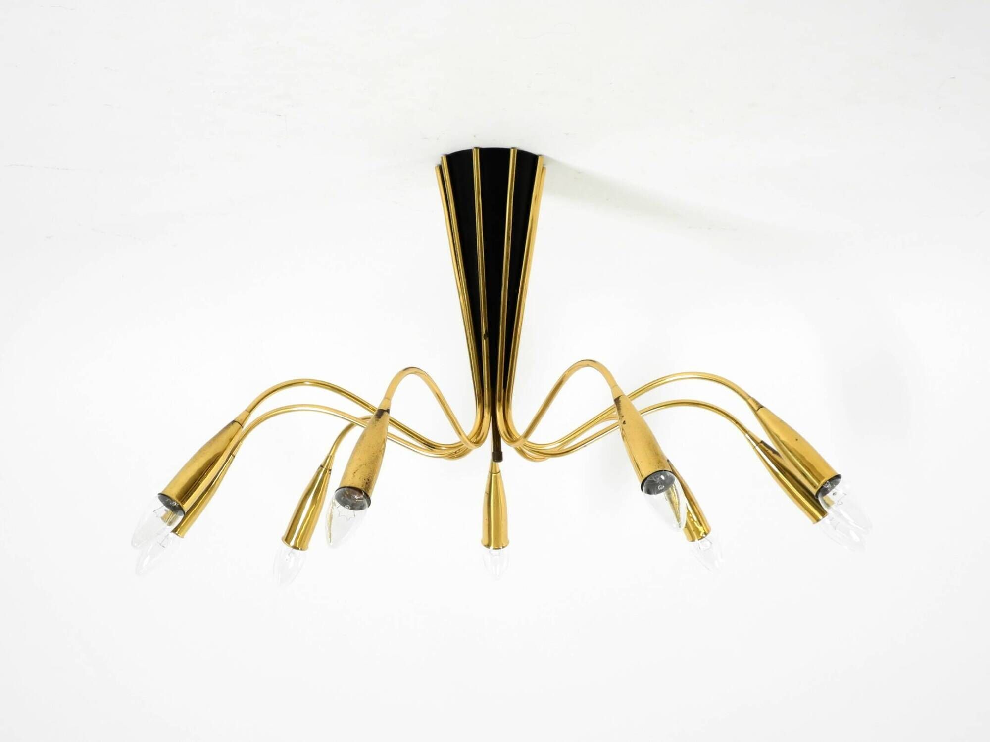 Beautiful large 9-arm Mid-Century Modern brass Sputnik ceiling lamp