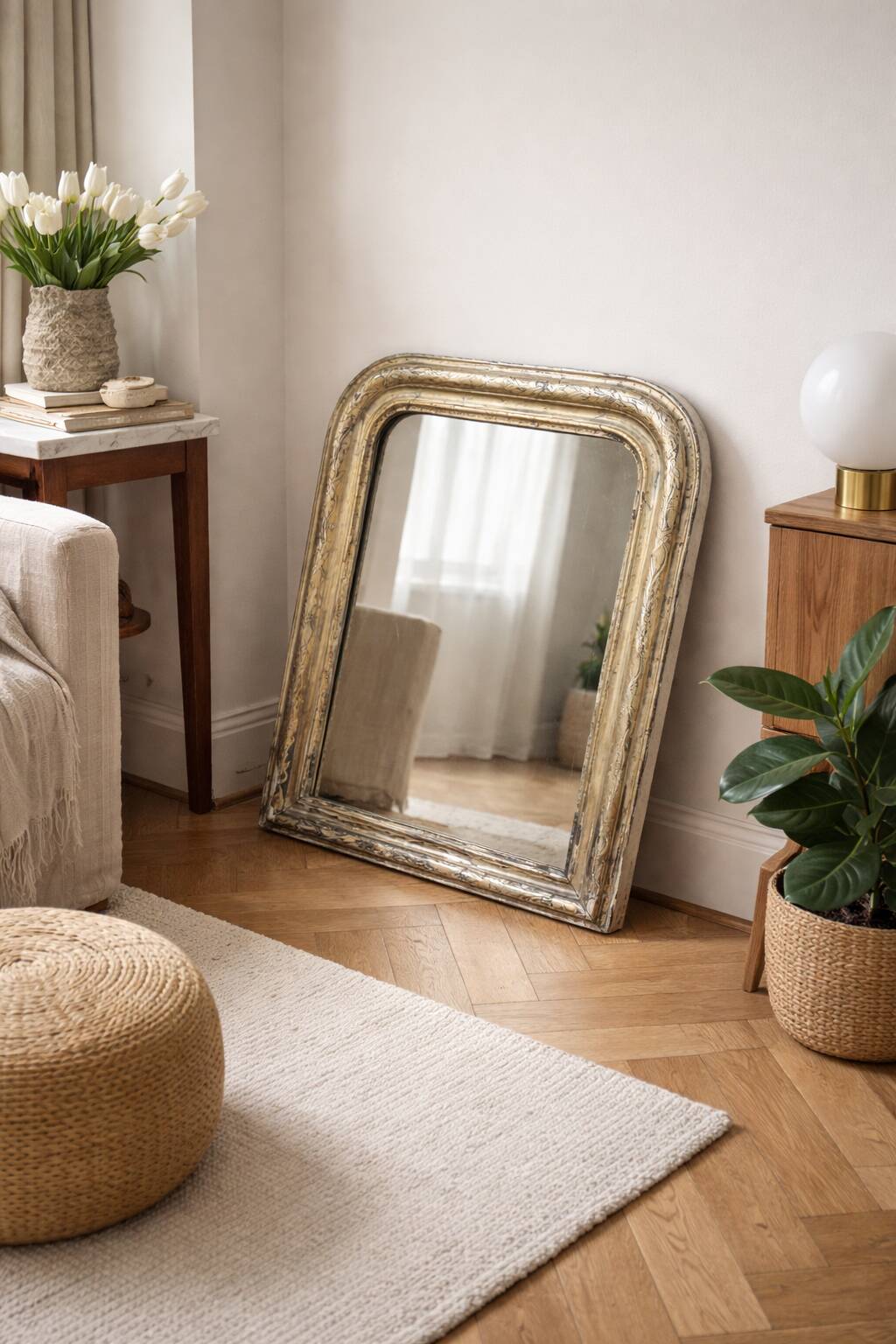 Antique patinated mirror in Louis-Philippe style – painted decoration – late 19th century