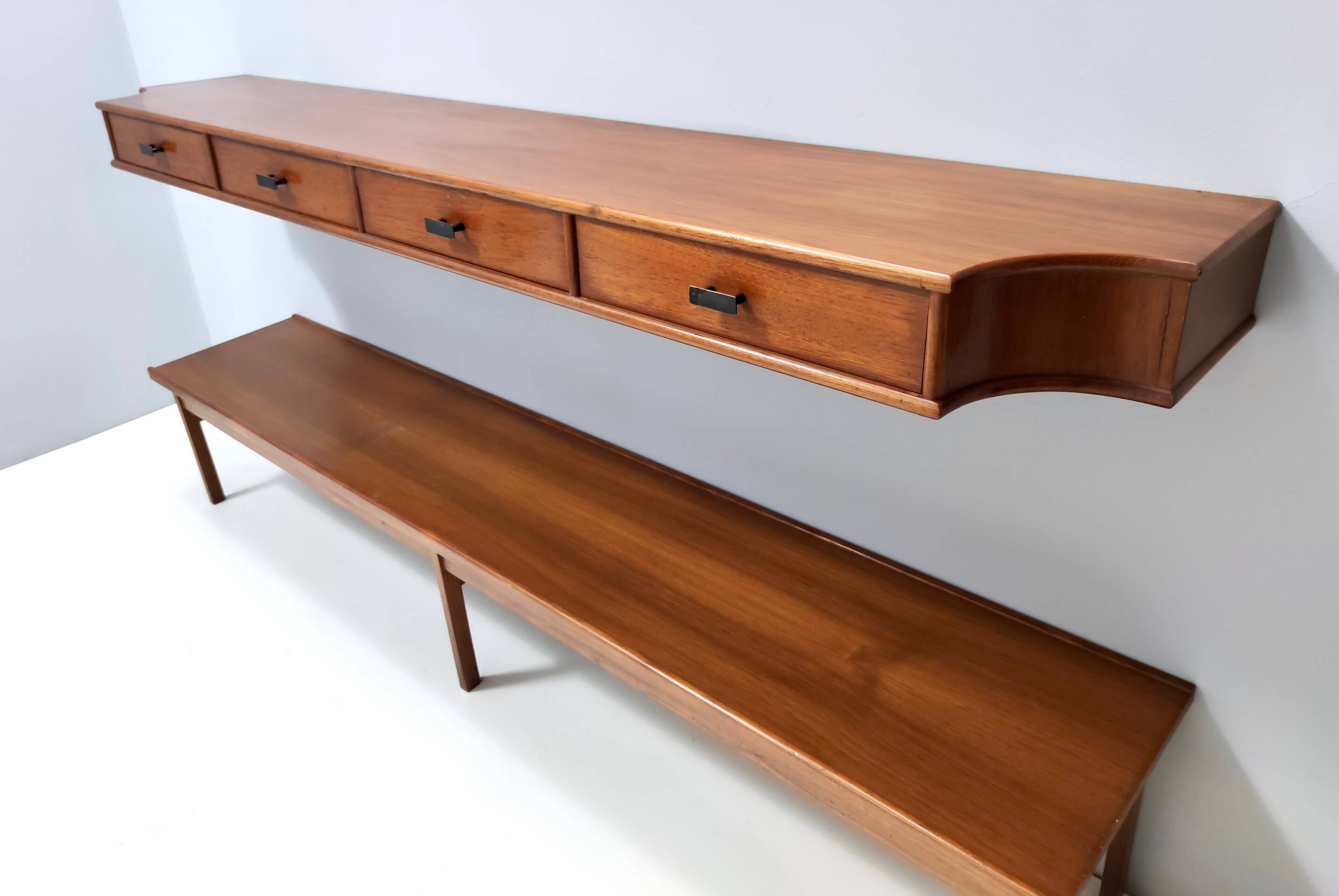 Entryway Set of Wall Mirror, Walnut Console and Bench by Brugnoli, Italy