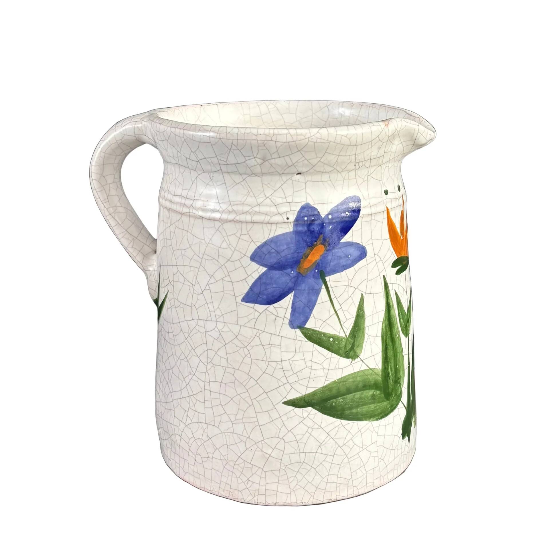 Grand pichet en céramique émaillée motif fleurs