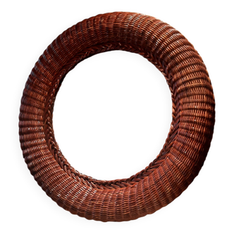 Miroir rond en rotin tressé, années 70