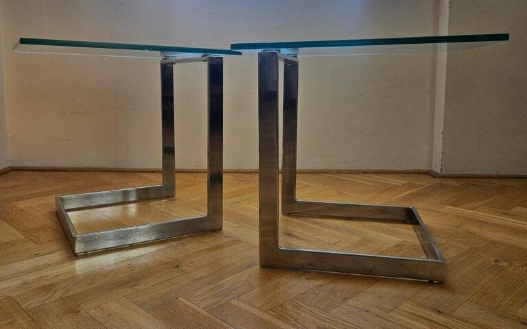 Pair of Midcentury Cantilevered Glass & Chrome Coffee Tables GEBRA, 1980s