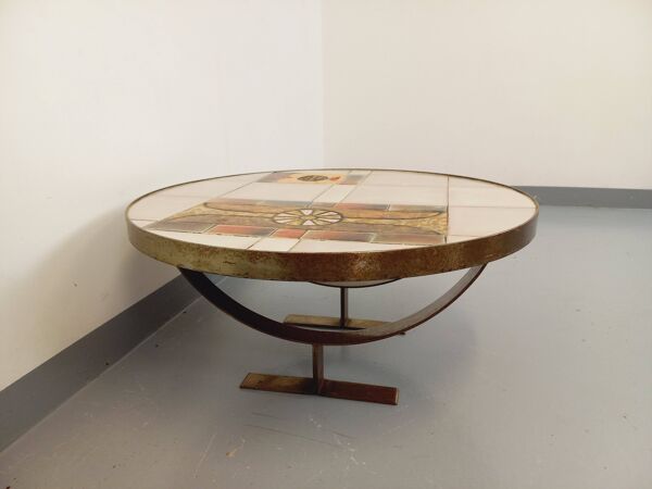 Table basse ronde vintage de Jean Gregorieff pour Roche Bobois des années 60 70 en céramique acier