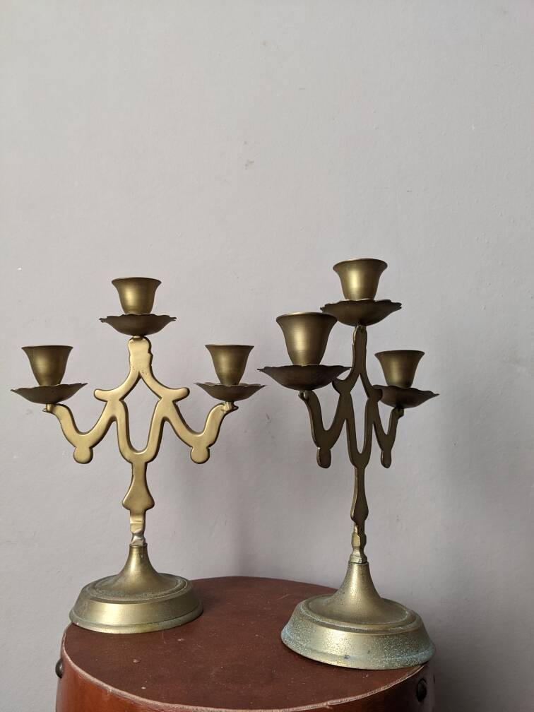 Pair of 3-branch brass candlesticks, Scandinavian country bohemian decoration