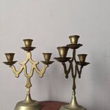 Pair of 3-branch brass candlesticks, Scandinavian country bohemian decoration