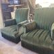 Set of two green velvet toad armchairs with fringe