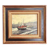 Old Oil Painting Canvas Frame Montparnasse Boat Shipyards