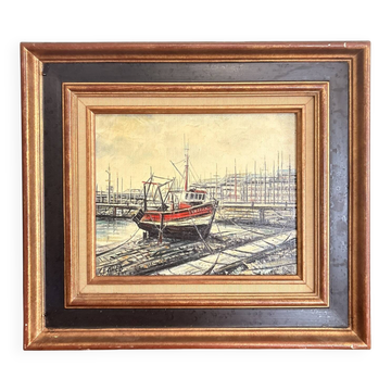 Old Oil Painting Canvas Frame Montparnasse Boat Shipyards