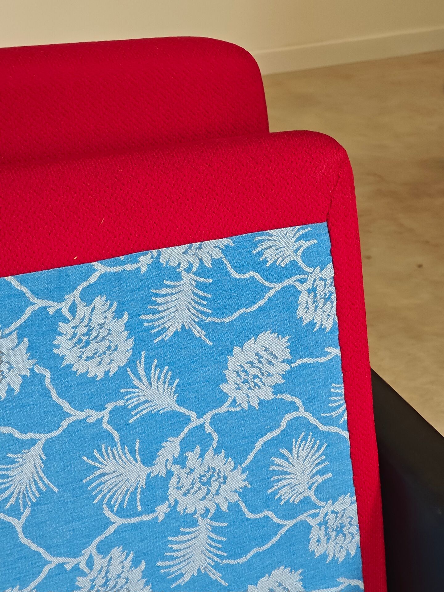 Pair of Drevotex Zamberk armchairs, red fabric and faux leather 1970