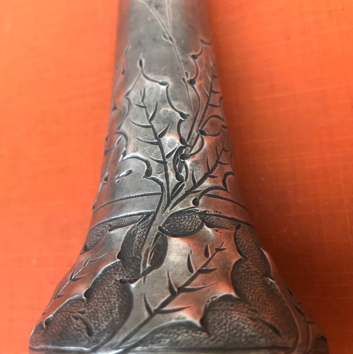 Art Nouveau soliflore vase by P. Chaumette, pewter, oak leaf decoration