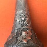 Art Nouveau soliflore vase by P. Chaumette, pewter, oak leaf decoration