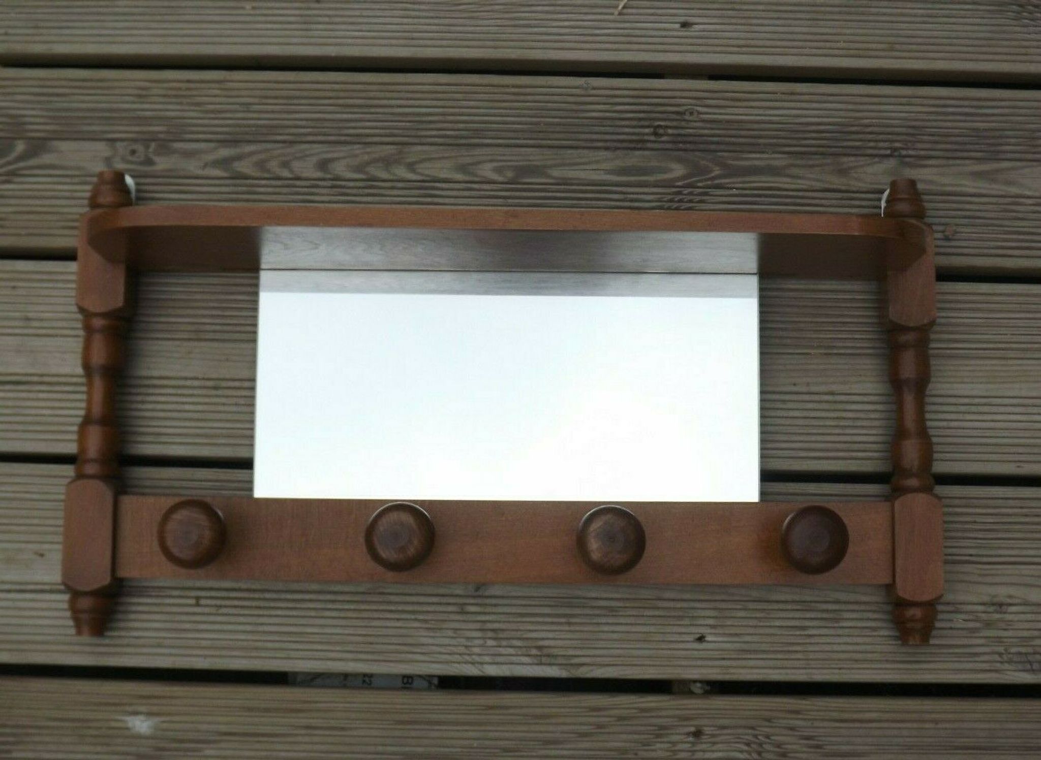 Vintage wooden wall coat rack with mirror and hooks, French, 3529