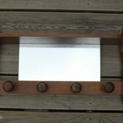 Vintage wooden wall coat rack with mirror and hooks, French, 3529