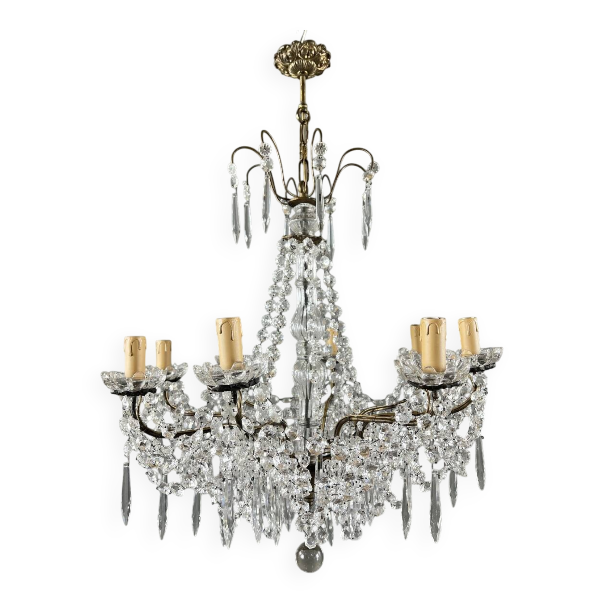 Lustre à pampilles en cristal et bronze, XXe siècle