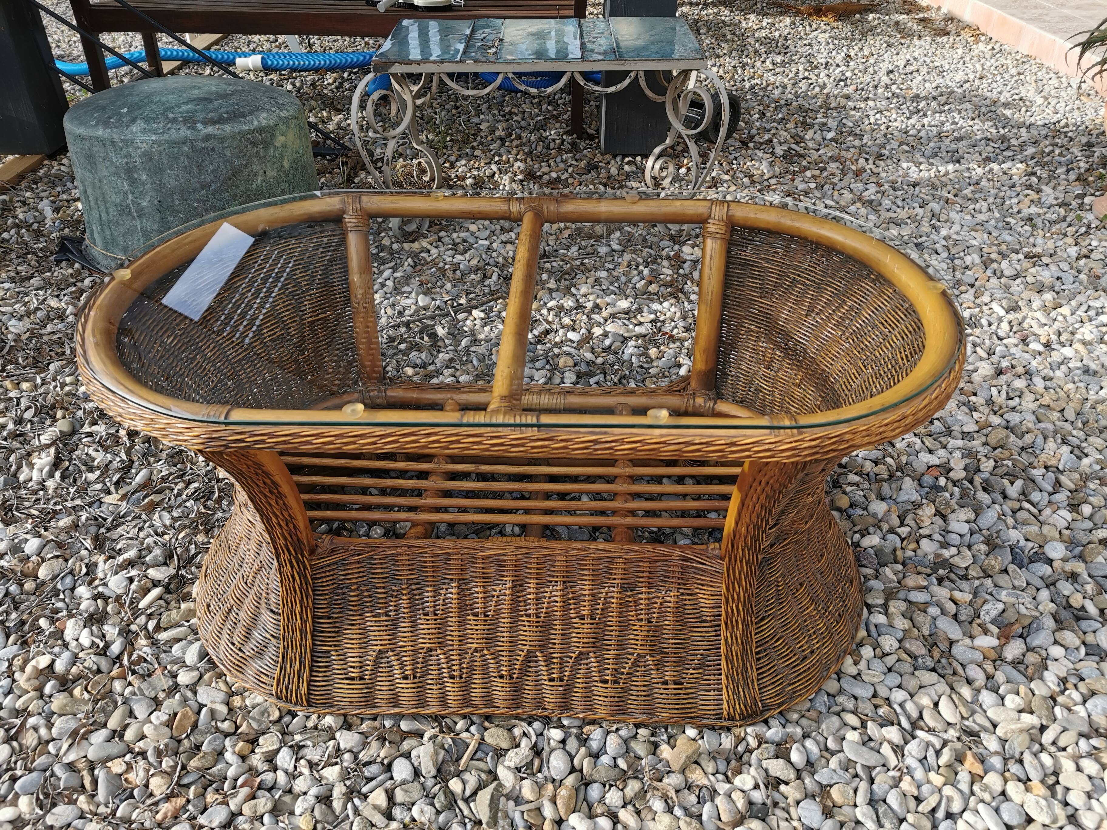 Oval vintage rattan coffee table